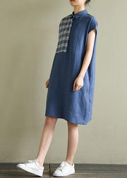 Beautiful lapel tie waist linen dresses Cotton blue Plaid Dress summer - SooLinen