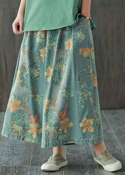 Beautiful light Blue elastic waist Pockets Print Cotton wide leg Pants Spring