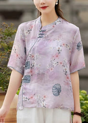 Beautiful light Purple Stand Collar Print Button Linen Blouse Top Short Sleeve