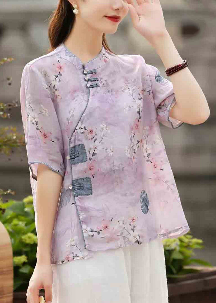 Beautiful light Purple Stand Collar Print Button Linen Blouse Top Short Sleeve