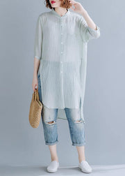 Beautiful light green cotton clothes For Women stand collar oversized shirt - SooLinen