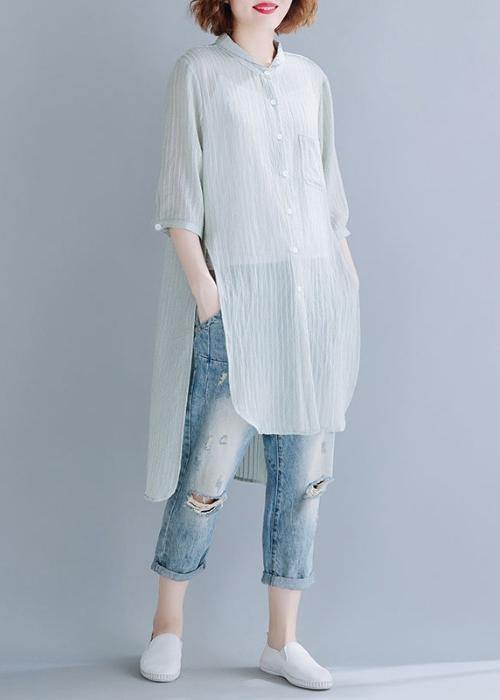 Beautiful light green cotton clothes For Women stand collar oversized shirt - SooLinen