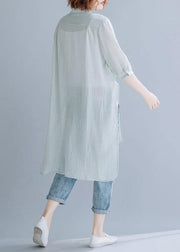 Beautiful light green cotton clothes For Women stand collar oversized shirt - SooLinen