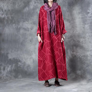 Beautiful linen clothes For Women Fine Linen Three Quarter Sleeve Geometry Pattern Red Dress