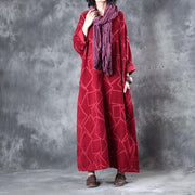 Beautiful linen clothes For Women Fine Linen Three Quarter Sleeve Geometry Pattern Red Dress