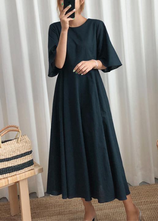 Beautiful navy linen cotton quilting clothes flare sleeve Bow Art summer Dress - SooLinen