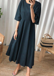 Beautiful navy linen cotton quilting clothes flare sleeve Bow Art summer Dress - SooLinen