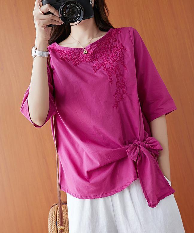 Beautiful o neck Bow Shirts Outfits rose embroidery shirts - SooLinen