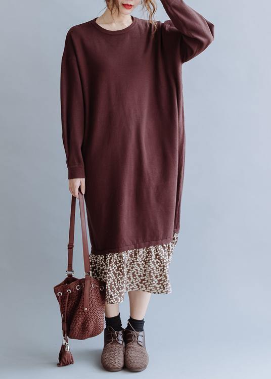 Beautiful o neck asymmetric false two pieces fall clothes For Women Outfits brown loose Dress - SooLinen