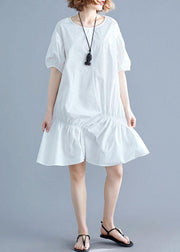 Beautiful o neck lantern sleeve Cotton pattern white Dresses - SooLinen