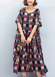 Beautiful o neck large hem linen quilting dresses To Get design red Plaid Art Dress summer