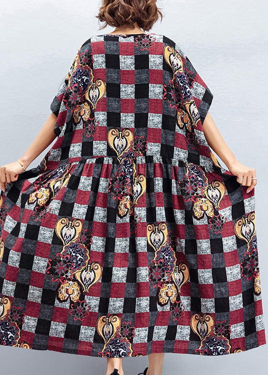 Beautiful o neck large hem linen quilting dresses To Get design red Plaid Art Dress summer