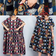 Beautiful o neck large hem linen quilting dresses To Get design red Plaid Art Dress summer