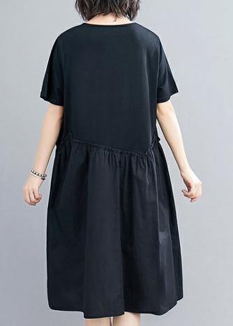 Beautiful o neck patchwork Cotton summer Tunic Catwalk black Dress - SooLinen