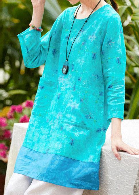 Beautiful o neck pockets linen Robes Outfits green print Dresses summer - SooLinen