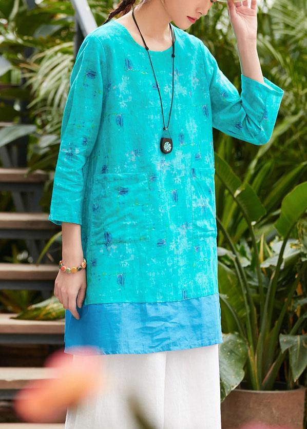 Beautiful o neck pockets linen Robes Outfits green print Dresses summer - SooLinen