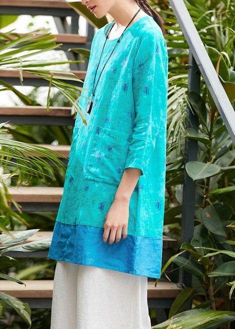 Beautiful o neck pockets linen Robes Outfits green print Dresses summer - SooLinen