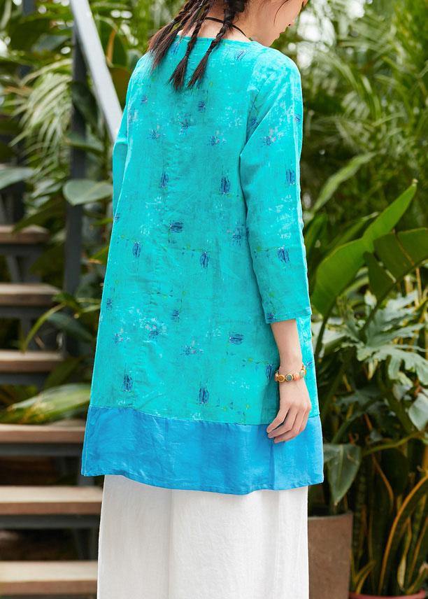 Beautiful o neck pockets linen Robes Outfits green print Dresses summer - SooLinen