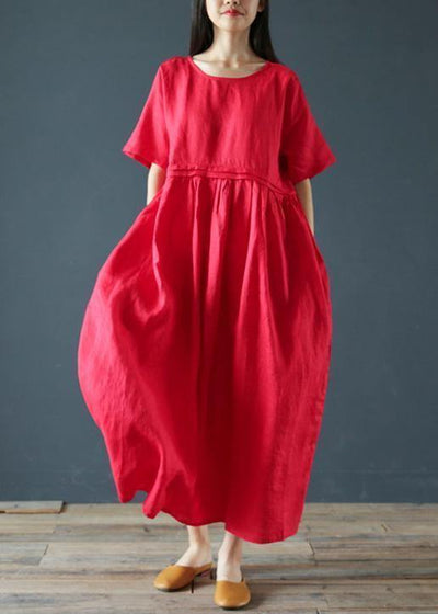 Beautiful o neck Cinched linen summer clothes Fabrics red Dresses - SooLinen