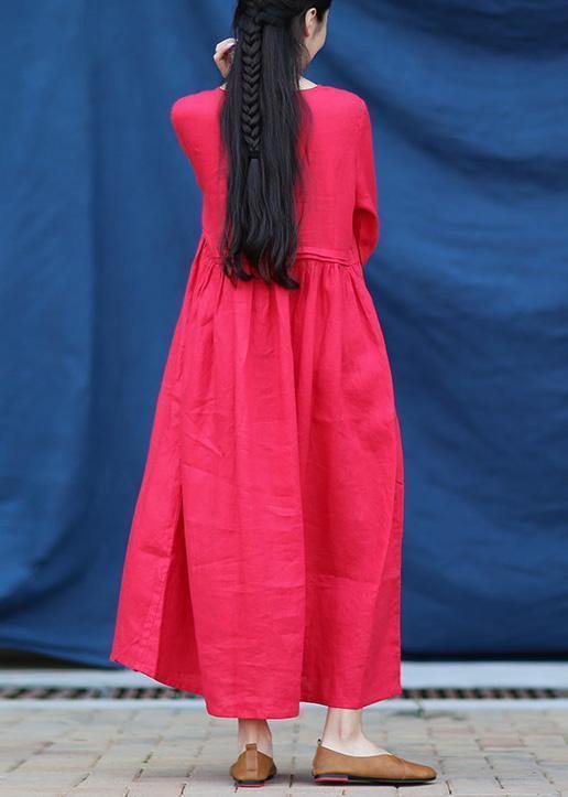 Beautiful o neck Cinched linen summer clothes Fabrics red Dresses - SooLinen