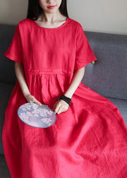 Beautiful o neck Cinched linen summer clothes Fabrics red Dresses - SooLinen