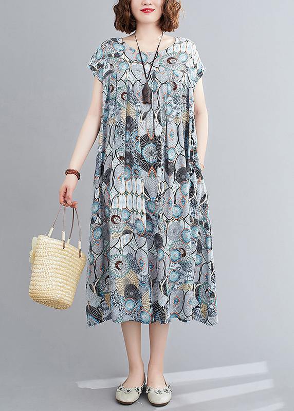 Beautiful o neck Cinched summer clothes Inspiration blue print Dresses - SooLinen