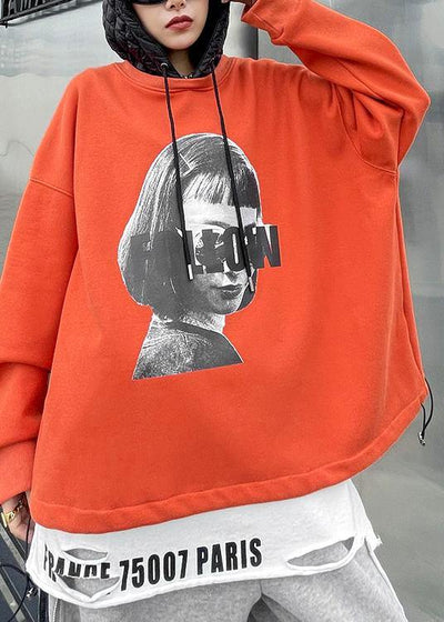 Beautiful orange Figure printing clothes For Women Tutorials hooded blouse - SooLinen