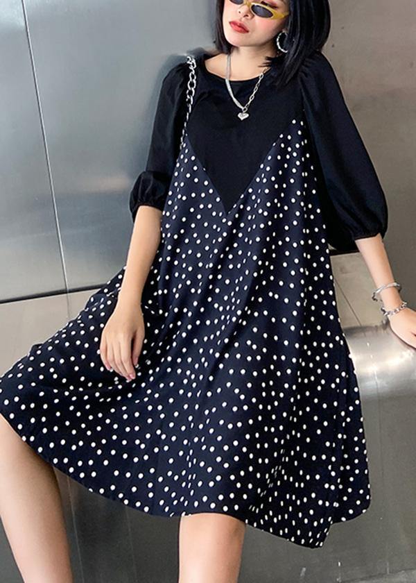 Beautiful patchwork Cotton summer dress Work Outfits black dotted Dress - SooLinen