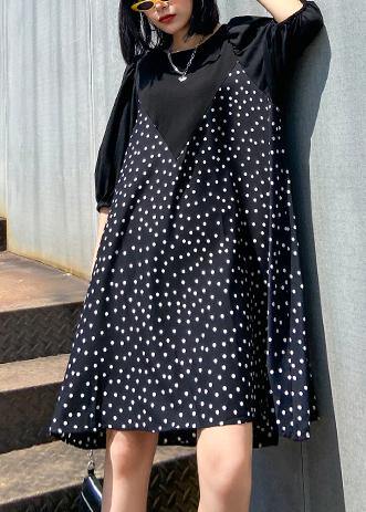 Beautiful patchwork Cotton summer dress Work Outfits black dotted Dress - SooLinen