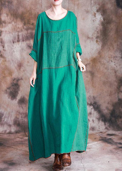 Beautiful patchwork linen dresses Shirts green Batwing Sleeve Dresses fall - SooLinen