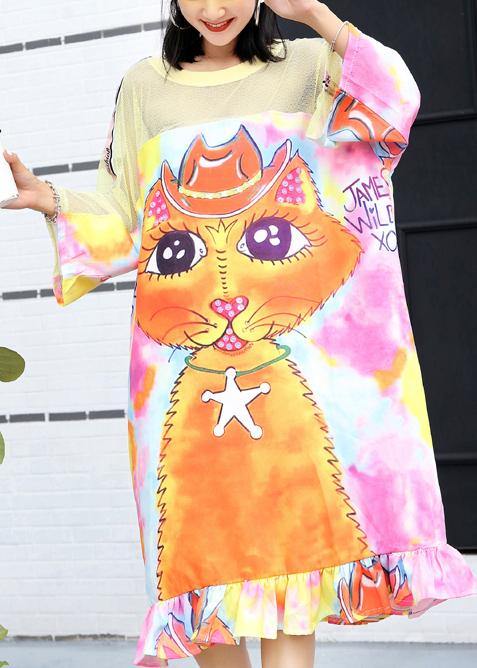 Beautiful patchwork short sleeve cotton Tunics Fashion Ideas Cartoon print long Dresses summer - SooLinen