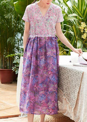 Beautiful pink print linen clothes For Women v neck patchwork long summer Dress - SooLinen