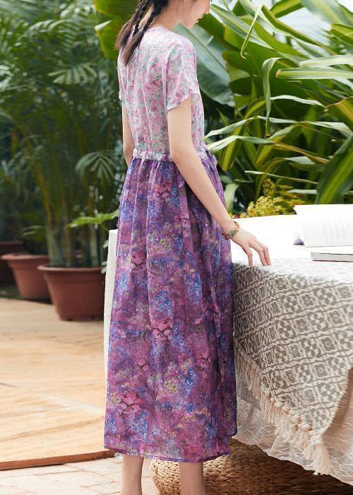 Beautiful pink print linen clothes For Women v neck patchwork long summer Dress - SooLinen