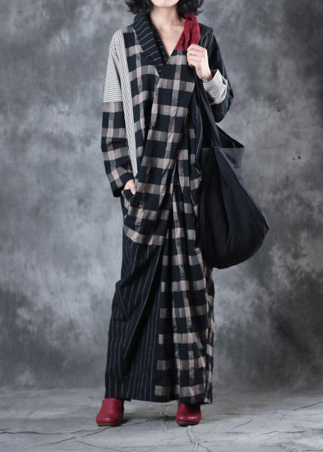 Beautiful plaid patchwork striped linen clothes asymmetric Dresses v neck Dresses - SooLinen