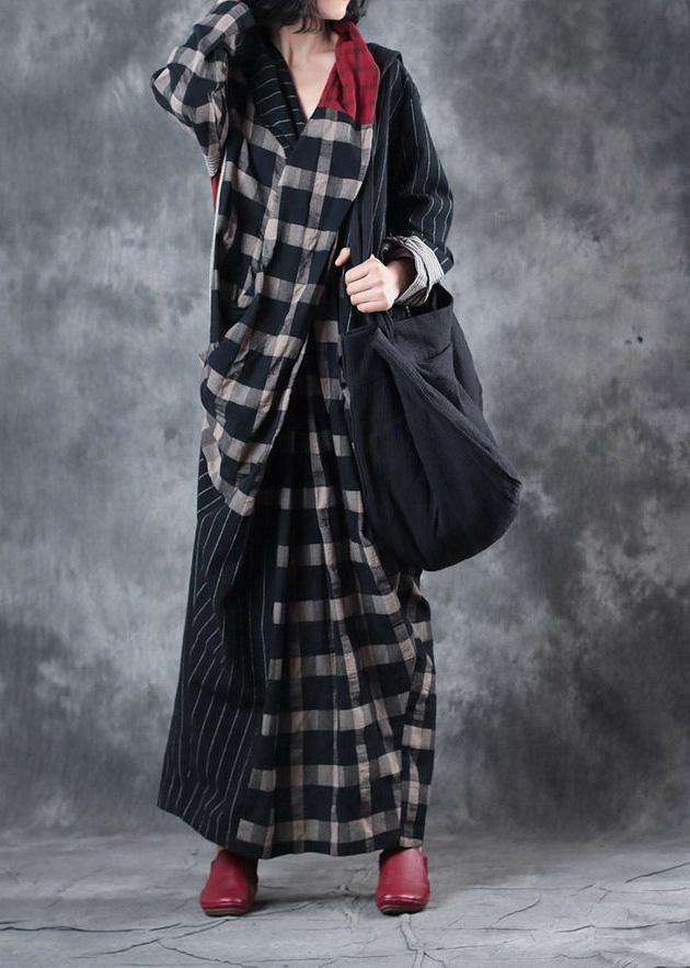 Beautiful plaid patchwork striped linen clothes asymmetric Dresses v neck Dresses - SooLinen