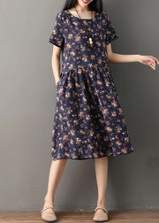 Beautiful print cotton clothes Indian Sewing navy oversized Dresses summer - SooLinen