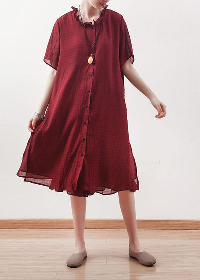 Beautiful red Chiffon clothes ruffles collar short summer shirt Dress - SooLinen