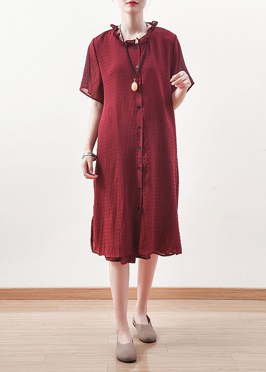 Beautiful red Chiffon clothes ruffles collar short summer shirt Dress - SooLinen