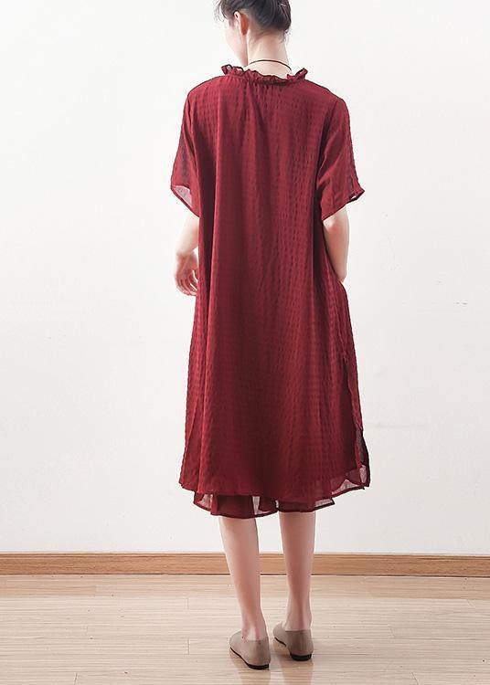 Beautiful red Chiffon clothes ruffles collar short summer shirt Dress - SooLinen