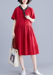 Beautiful red Cotton clothes v neck Cinched cotton Dresses - SooLinen