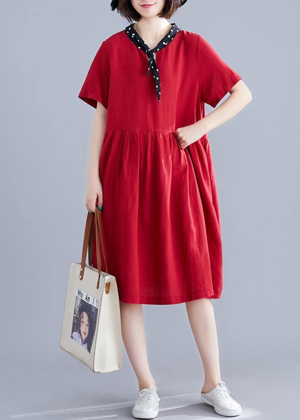 Beautiful red Cotton clothes v neck Cinched cotton Dresses - SooLinen