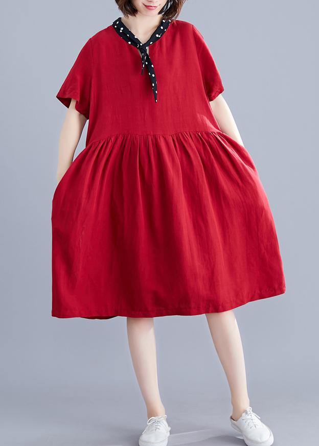 Beautiful red Cotton clothes v neck Cinched cotton Dresses - SooLinen