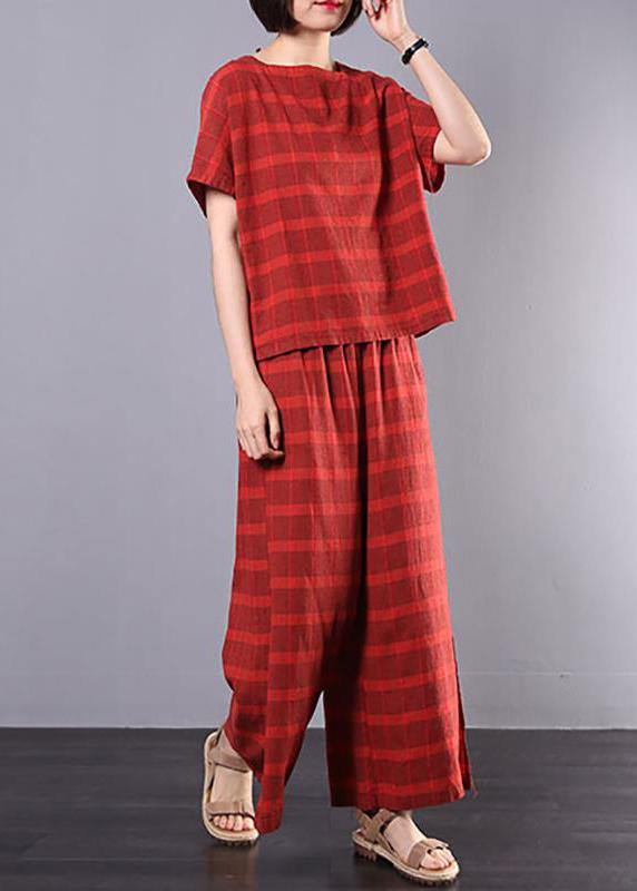 Beautiful red Plaid cotton Pakistani Design Split Casual Two Piece Suit - SooLinen