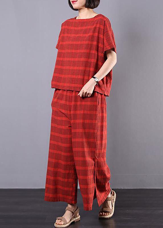 Beautiful red Plaid cotton Pakistani Design Split Casual Two Piece Suit - SooLinen