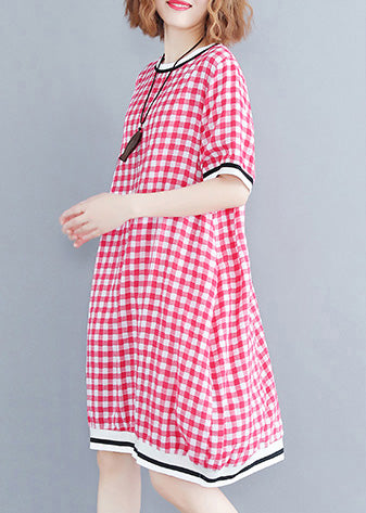 Beautiful red Plaid cotton clothes 18th Century Tutorials o neck Midi Summer Dress