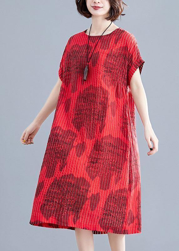 Beautiful red print cotton clothes striped o neck loose summer Dress - SooLinen