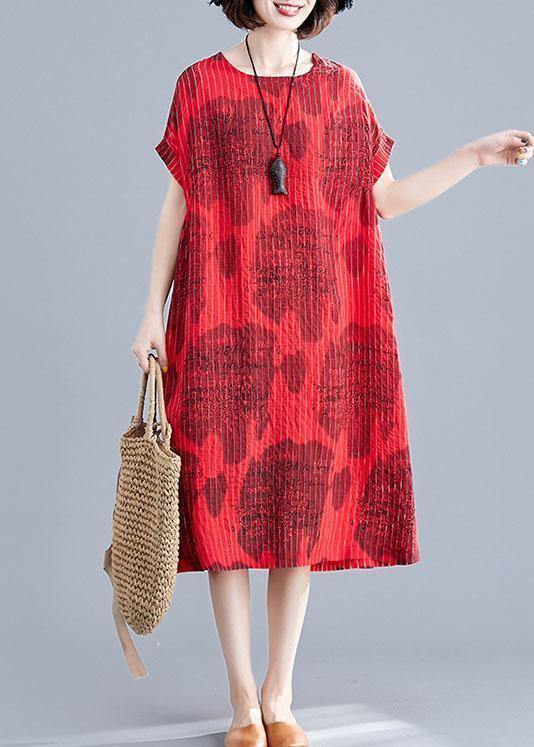 Beautiful red print cotton clothes striped o neck loose summer Dress - SooLinen