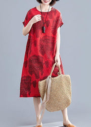 Beautiful red print cotton clothes striped o neck loose summer Dress - SooLinen