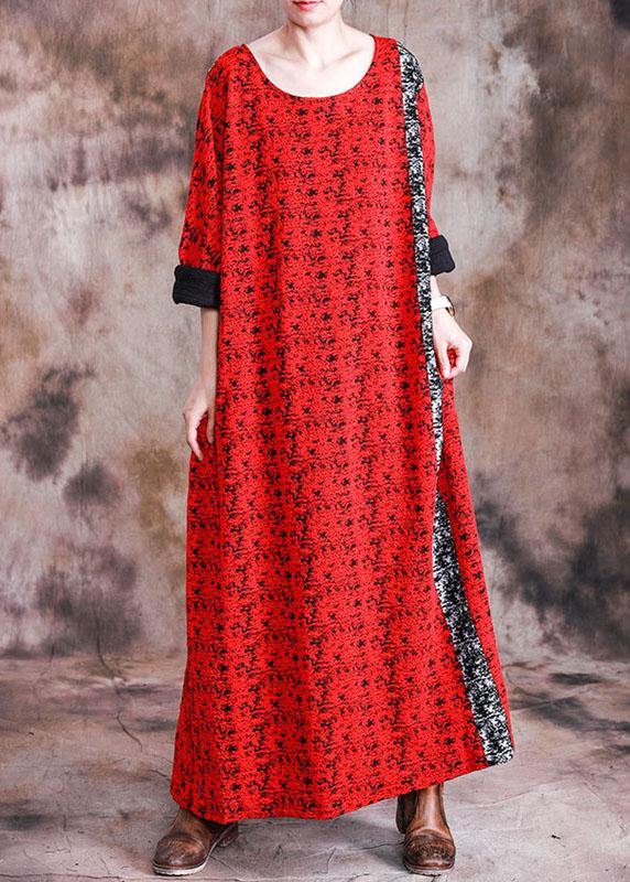 Beautiful red print cotton quilting dresses o neck long sleeve robes fall Dresses - SooLinen