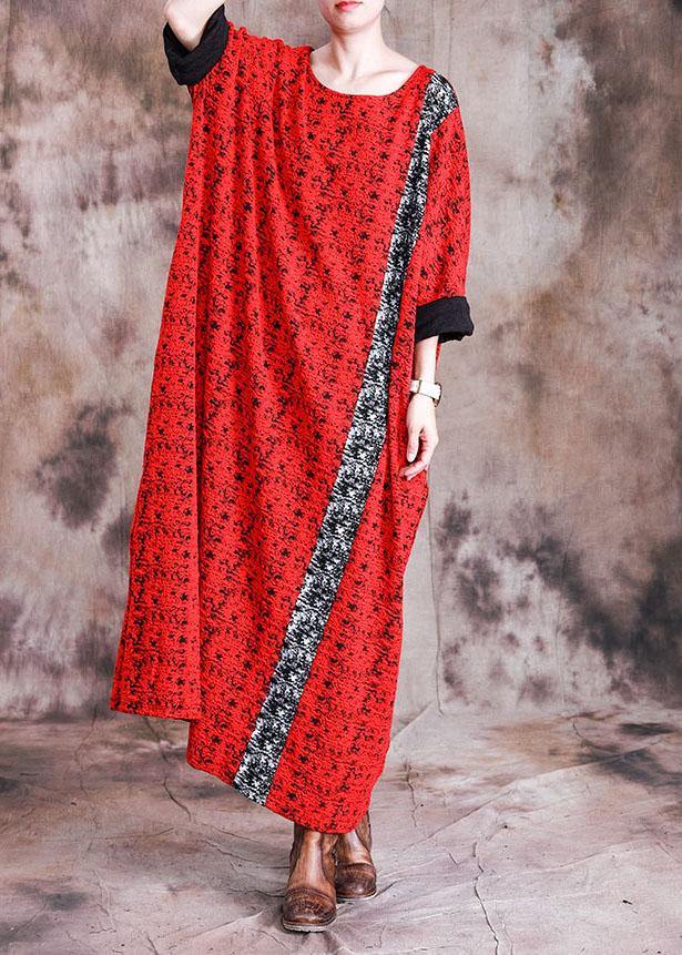 Beautiful red print cotton quilting dresses o neck long sleeve robes fall Dresses - SooLinen